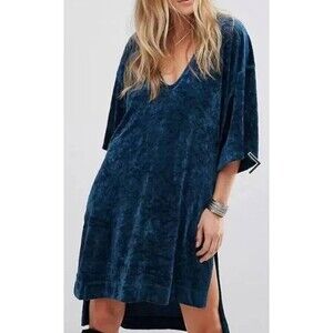 We the Free Crushed Velvet Jewel Blue V-Neck High Low Tunic Dress Women's Sz S